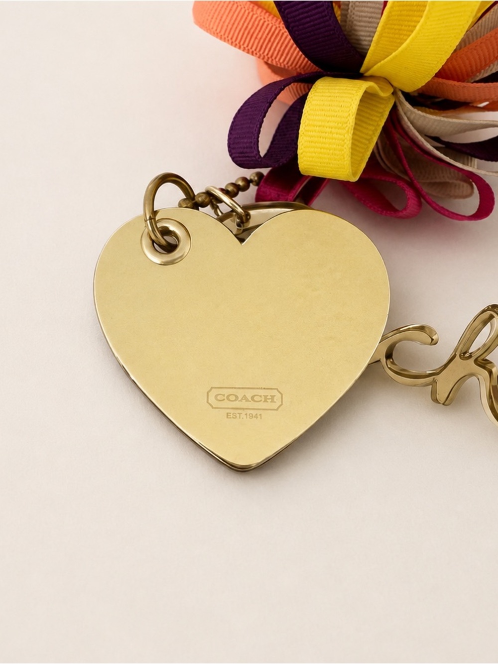 Coach Poppy Heart Ribbon Pom Bag Charm Keychain - Picture 2 of 8